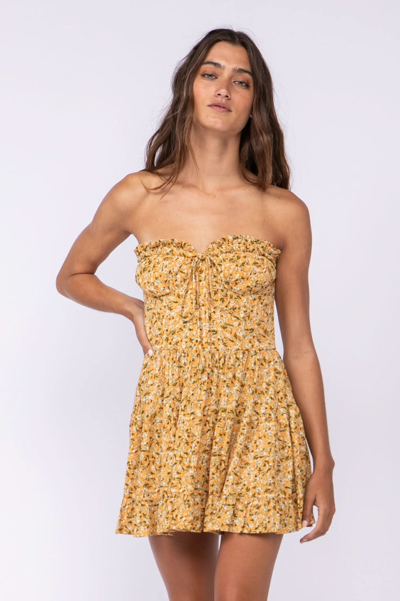Yellow Floral Strapless Ruffle Mini Dress