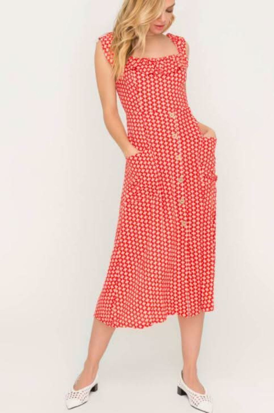 Boho Pink Kristen Red and Cream Print Button Front Midi Dress - Size L - Red Boho Print Midi Dress - Red Sleeveless Midi Dress - Bardot