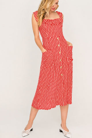 Kristen Red and Cream Print Button Front Midi Dress - Front View