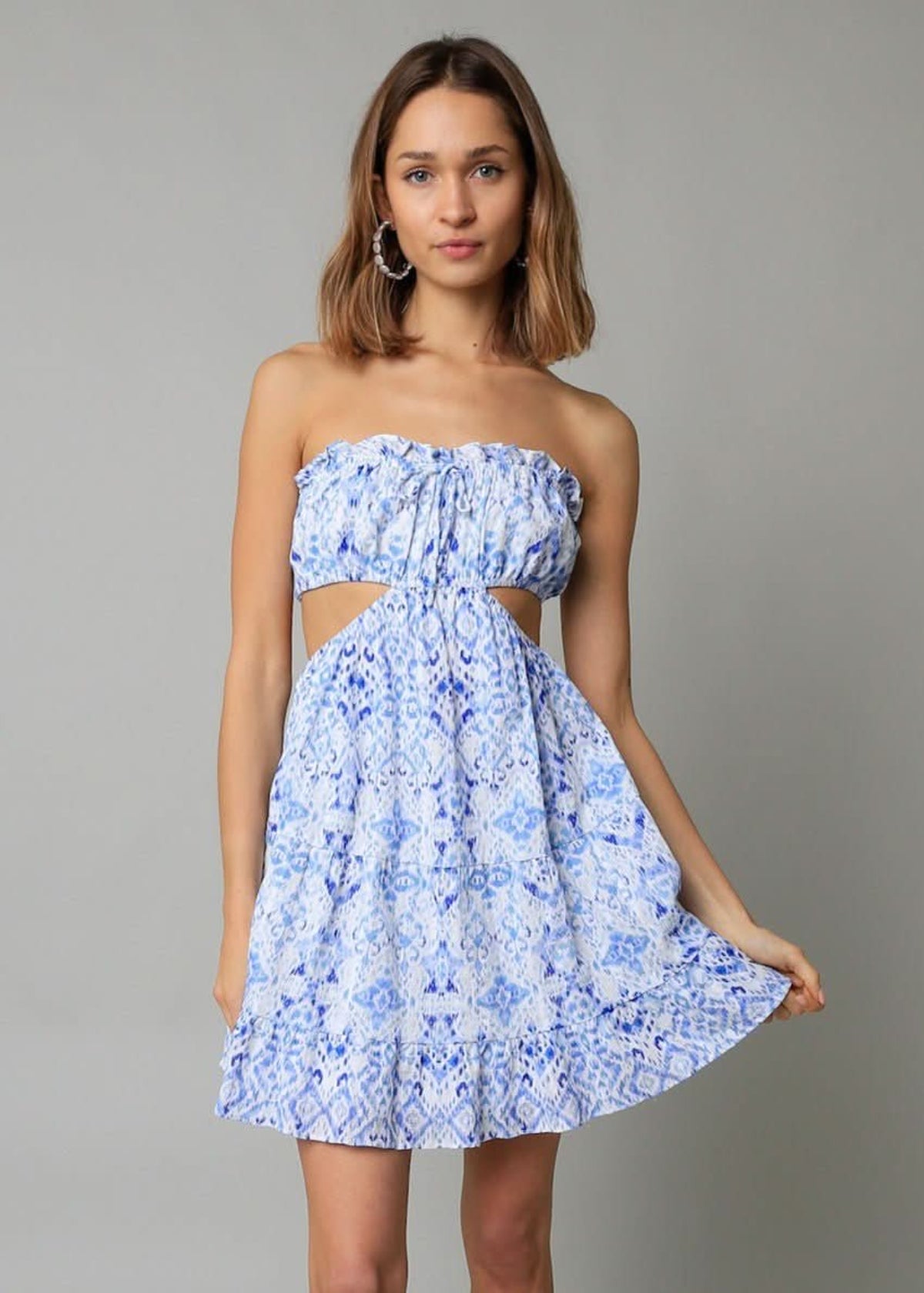 White & Blue Boho Strapless Cutout Mini Dress