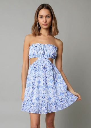 Maeve White and Blue Boho Print Strapless Dress - Front View