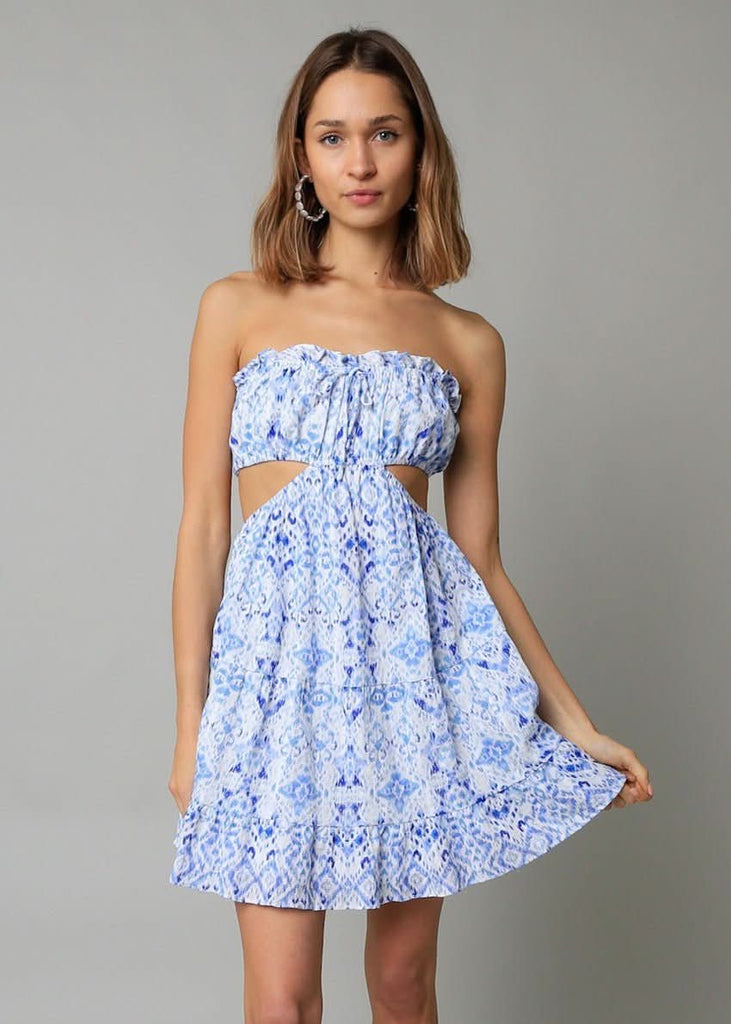 White & Blue Boho Strapless Cutout Dress | Boho Pink White & Blue Boho Strapless Cutout Dress | Boho Pink