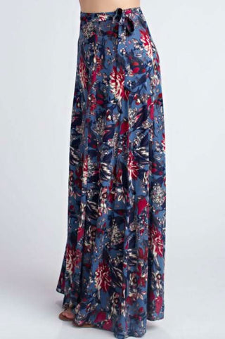 blue floral boho maxi skirt with tie waist