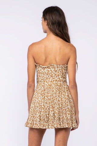 Garden Charm Brown Floral Print Strapless Dress back view | Boho Pink