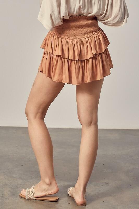 Brown Smocked Waist Ruffle Skort