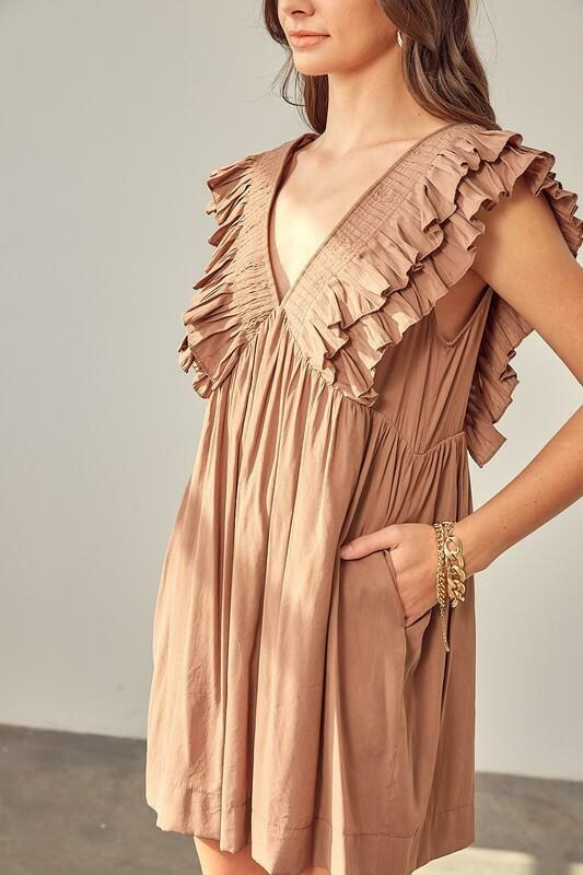 Brown Ruffle Romper Dress 