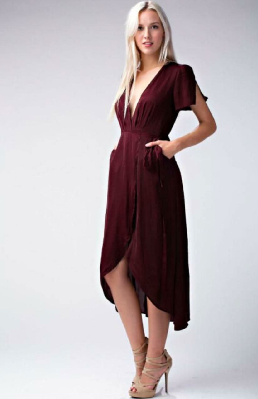 Burgundy Midi Wrap Dress with Flutter Sleeves | [Boho Pink Burgundy Midi Wrap Dress with Flutter Sleeves | [Boho Pink