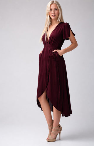 Come Together Burgundy Midi Wrap Dress - Front View