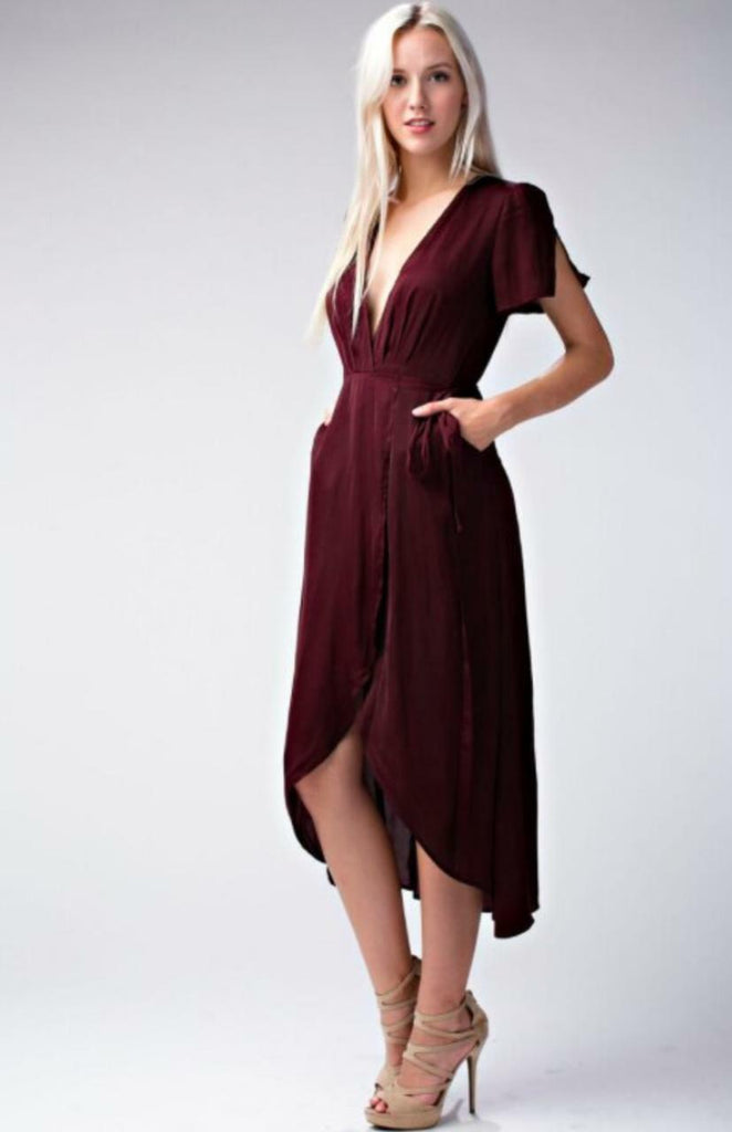 Burgundy Wrap Midi Dresses