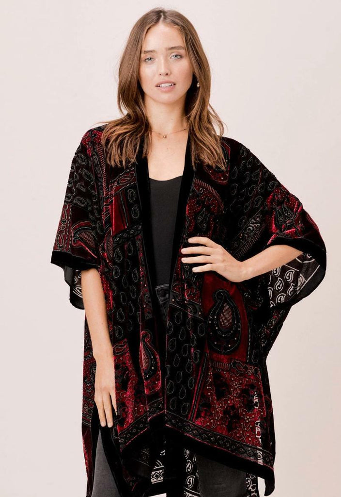 Burgundy Floral Velvet Kimono