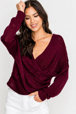By Your Side Burgundy Wrap Sweater - Model View