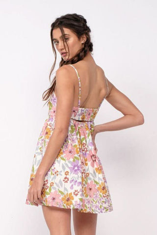 Andriana Lavender Floral Babydoll Cami Mini Dress back angle | Boho Pin