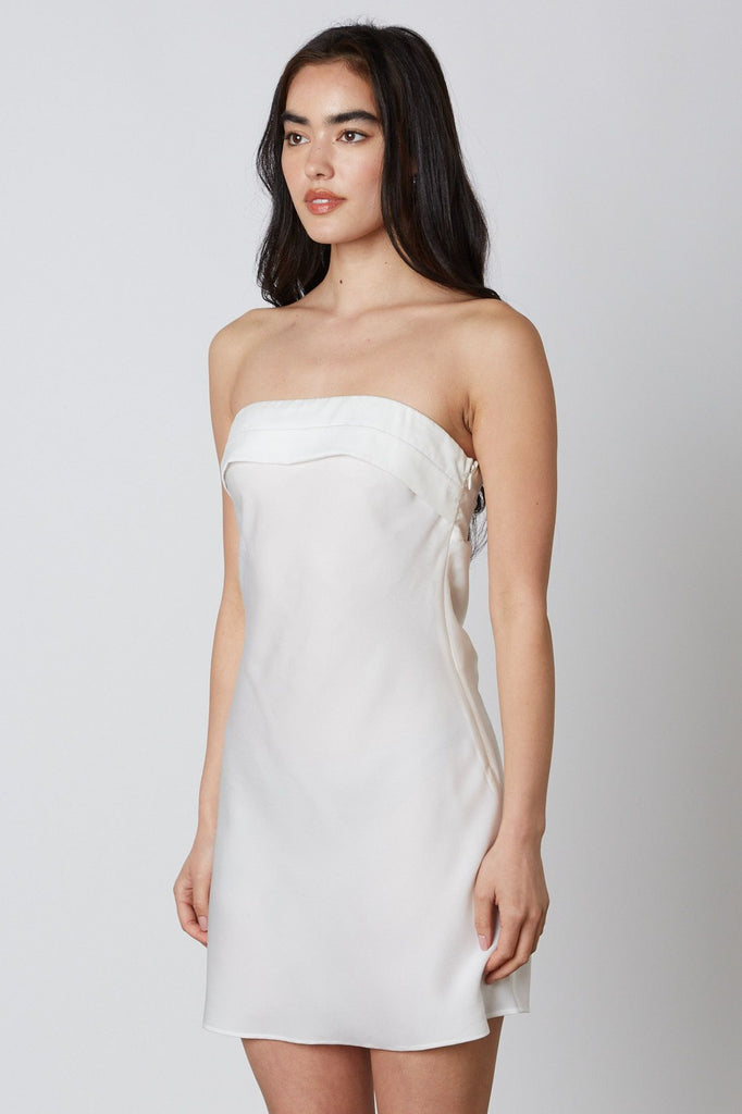 White Satin Strapless Cowl Back Mini Dress