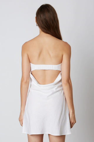 White strapless cowl back mini dress with open back detail