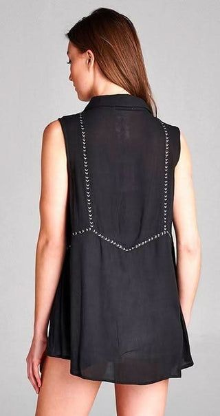 Black Embroidered Sleeveless Shirt for Women - Detailed Back View