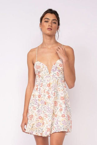 Lucia white floral corset cami mini dress with plunging neckline and flared skirt