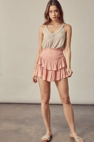 coral ruffle skort mini skirt look