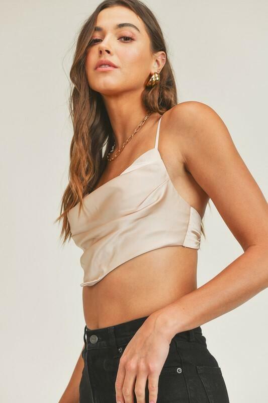 Taupe Satin Cowl Neck Crop Top