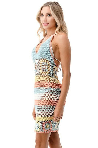 Mindy Pink and Blue Rainbow Crochet Swim Coverup Dress - Side View
