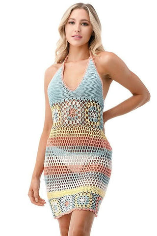 Mindy Pink and Blue Rainbow Crochet Swim Coverup Dress styled under a bikini
