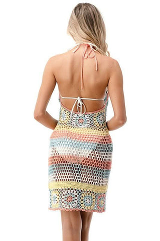 Mindy Pink and Blue Rainbow Crochet Swim Coverup Dress - Back View