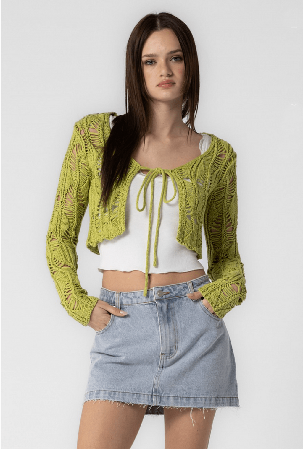 Eongul ヨングル Crochet Cropped Cardigan Kiwi Green Crochet Front-Tie Cardigan Crop Top | Boho Pink