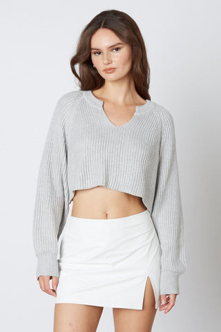 Day Off Grey Notched Neck Sweater - Front View