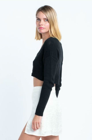 Melanie Black Button-Up Cropped Cardigan Side View | Boho Pink