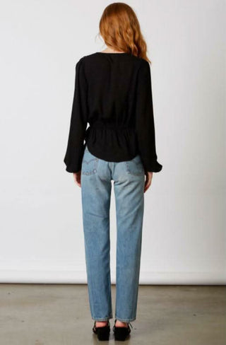 black plunge neck top back view