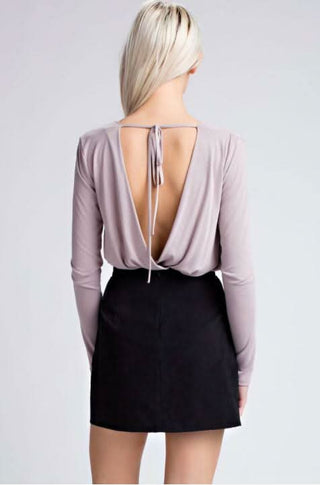In Focus Mauve Long Sleeve Surplice Wrap Bodysuit - Back View
