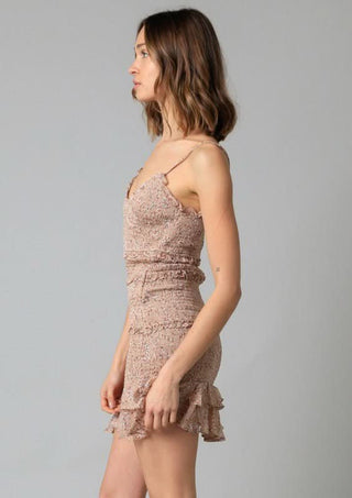 Rhea Taupe Floral Print Smocked Ruffle Mini Dress side view