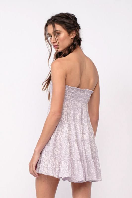 Avery Lavender Floral Print Strapless Mini Dress from our cute floral dresses