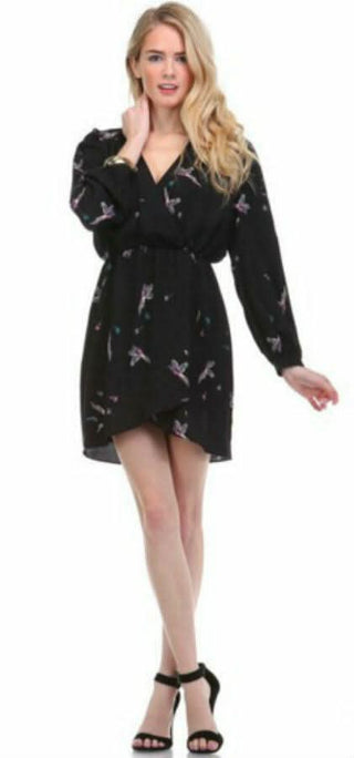 black printed wrap mini dress long sleeves front view
