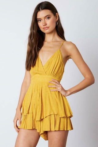 Mustard yellow summer romper with tie waist