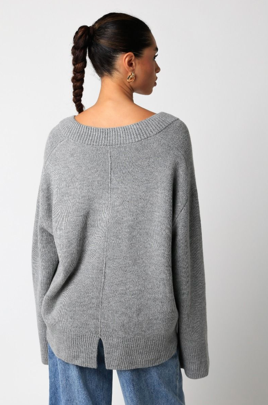 Grey Oversized V Neck Slouchy Sweater Top Boho Pink