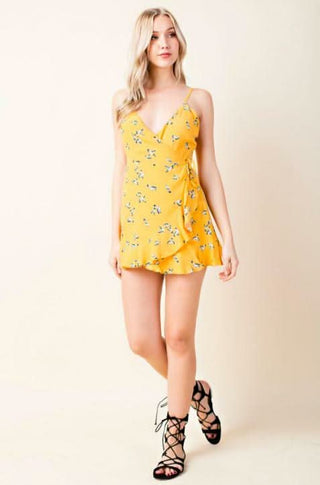 yellow bird print wrap skort dress from our romper dresses edit
