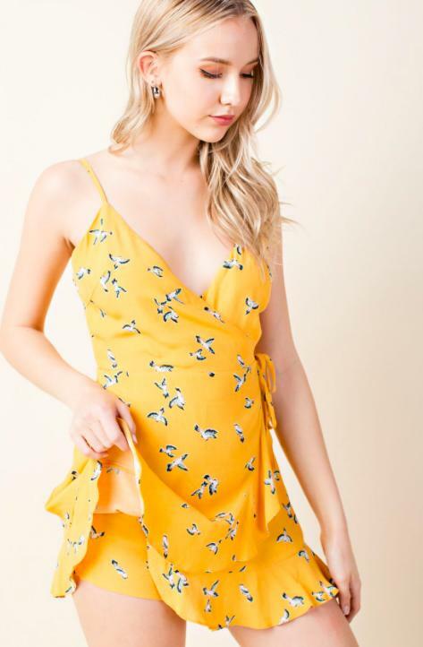 Yellow Bird Print Romper