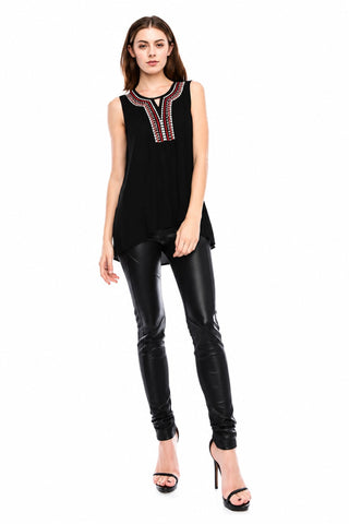 Petra Black Sleeveless Embroidered Neckline Top outfit view