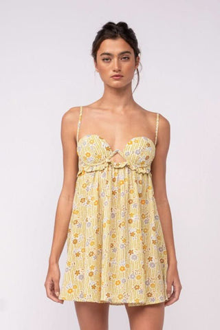 Olive floral babydoll mini dress with flowy skirt