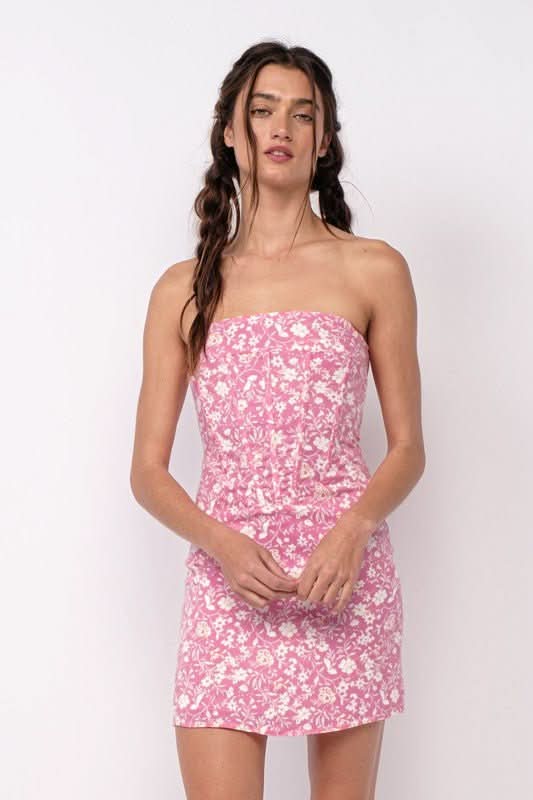 Reagan Pink Floral Strapless Corset Dress - Size L - Sky To Moon - Bodycon Mini Dress with Boning Detail Reagan Pink Floral Strapless Corset Dress - Size L - Sky To Moon - Bodycon Mini Dress with Boning Detail