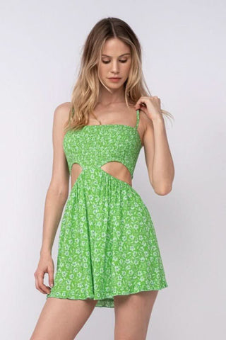 Green floral cutout mini dress for college game days and festivals