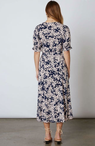 Daisy Blooms Navy Floral Print Wrap Midi Dress - Back View