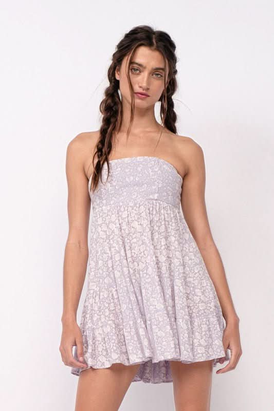 Avery Lavender Floral Print Strapless Mini Dress from our floral mini dresses
