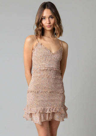 Rhea Taupe Floral Print Smocked Ruffle Mini Dress front view