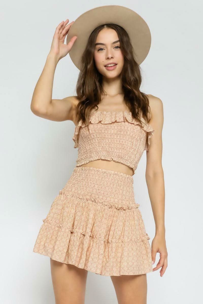 Olivaceous Take Me With You Khaki and Pink Print Two-Piece Dress Set - Size M - Ruffle Tube Top & Tiered Mini Skirt - Rayon Olivaceous Take Me With You Khaki and Pink Print Two-Piece Dress Set - Size M - Ruffle Tube Top & Tiered Mini Skirt - Rayon