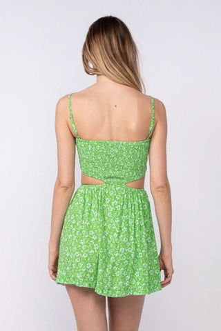 Green and white floral sundress with side cutouts - back view