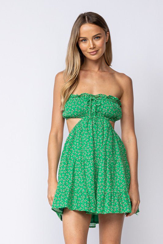 Green Cutout Tiered Floral Dress