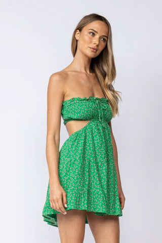 Green Floral Mini Dress - Cutout Waist Detail