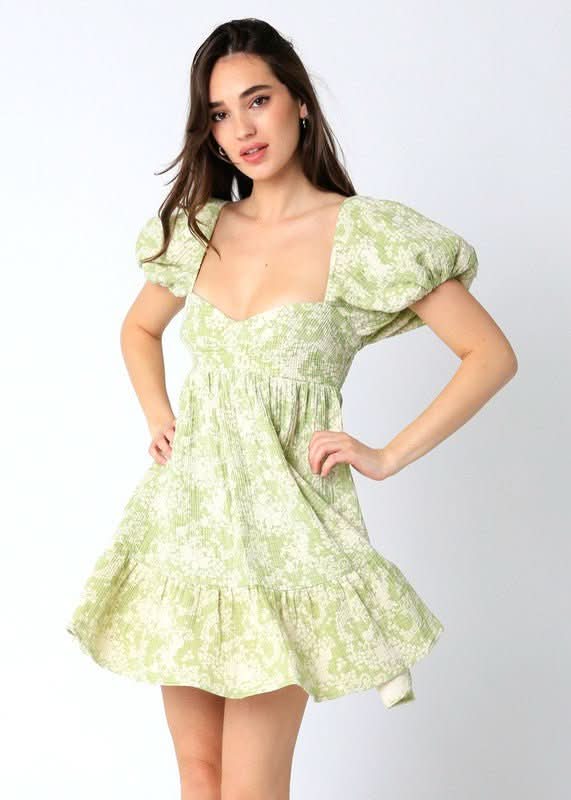 Melania Lime Floral Babydoll Mini Dress - Size L - Olivaceous - Sweetheart Neckline, Puffy Sleeves, Ruffle Hem - Final Sale Melania Lime Floral Babydoll Mini Dress - Size L - Olivaceous - Sweetheart Neckline, Puffy Sleeves, Ruffle Hem - Final Sale