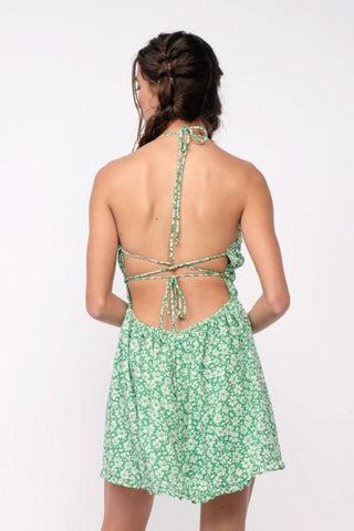 Green floral summer mini dress with flowy skirt and open back